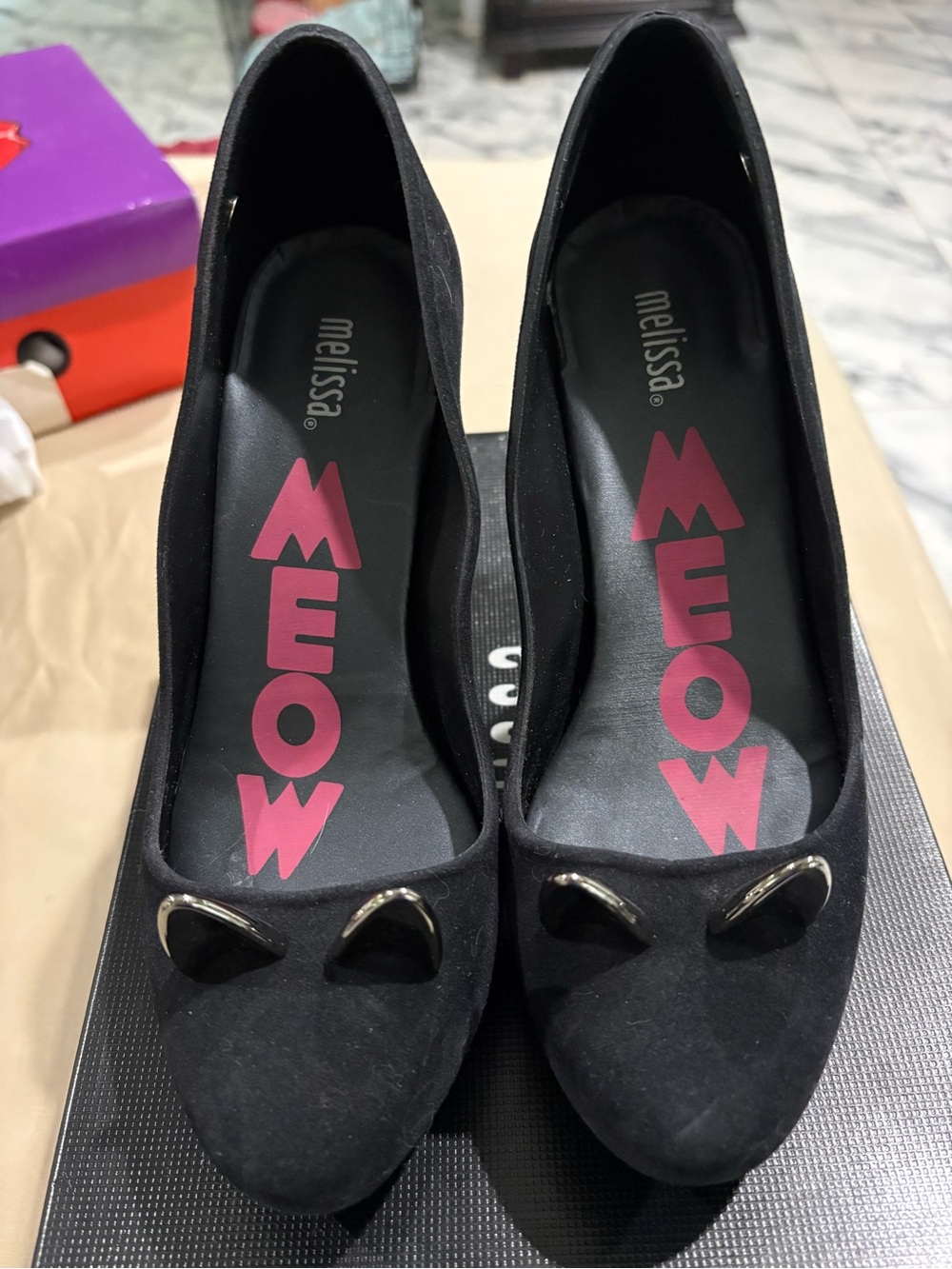 Melissa Black Suede-Look High Heel Shoes with Metal Cat Ears Accent